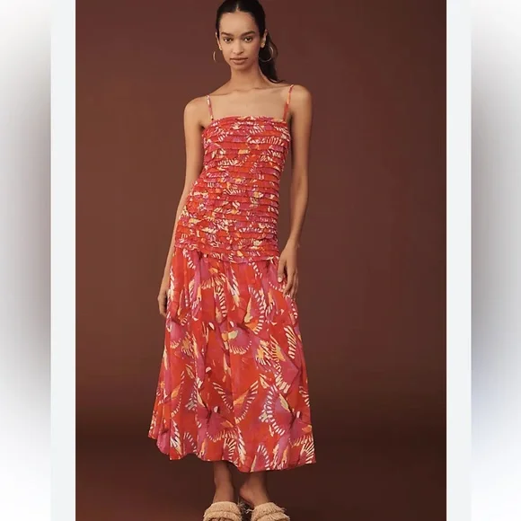 FARM Rio Red Tropical Strapless Smocked Midi Dress - WORN ONCE - No Straps - Picture 3 of 3